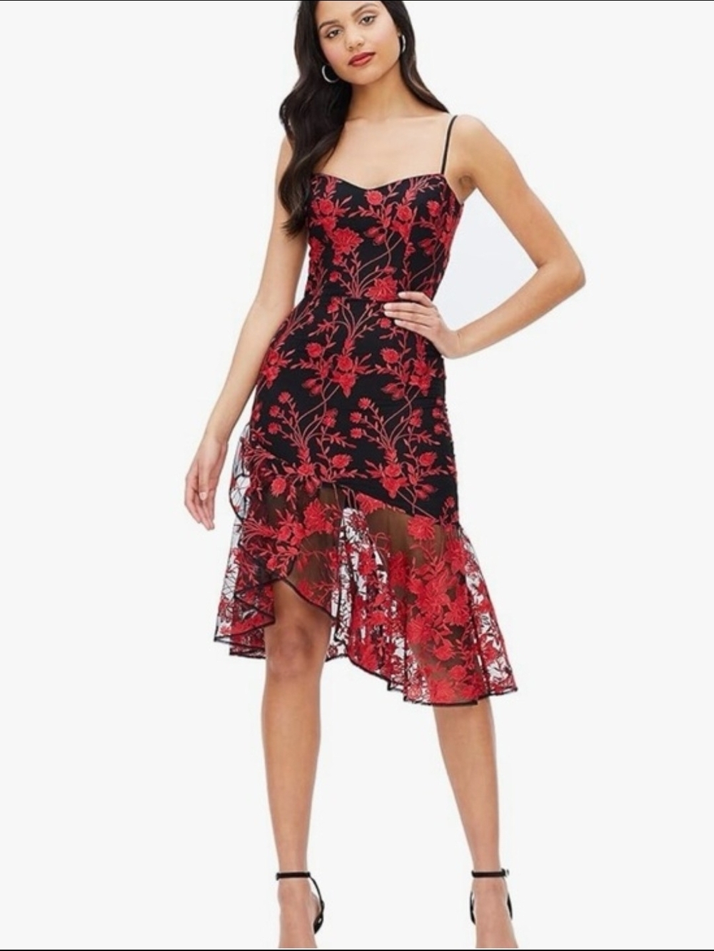 Floral Slip Dress with Ruffle Hem - Black & Red